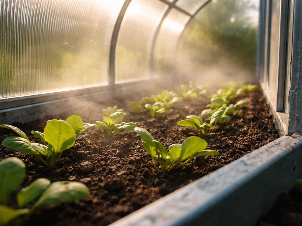 Sunlit greenhouse bed under transparent cover, with cooler shaded exterior frame edge