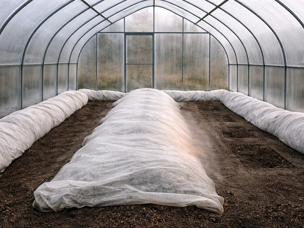 Unheated greenhouse in cool weather with row cover and insulated soil area retaining warmth.