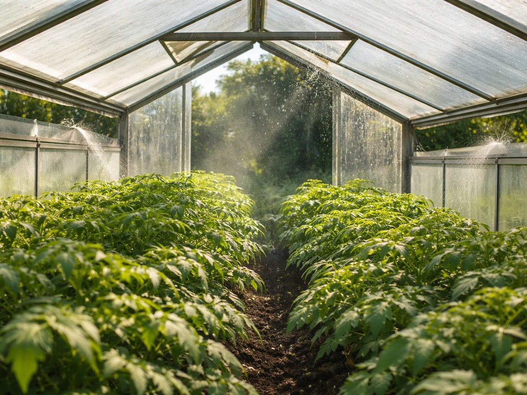 Greenhouse roof and side vents open with visible airflow above healthy plants in daylight.