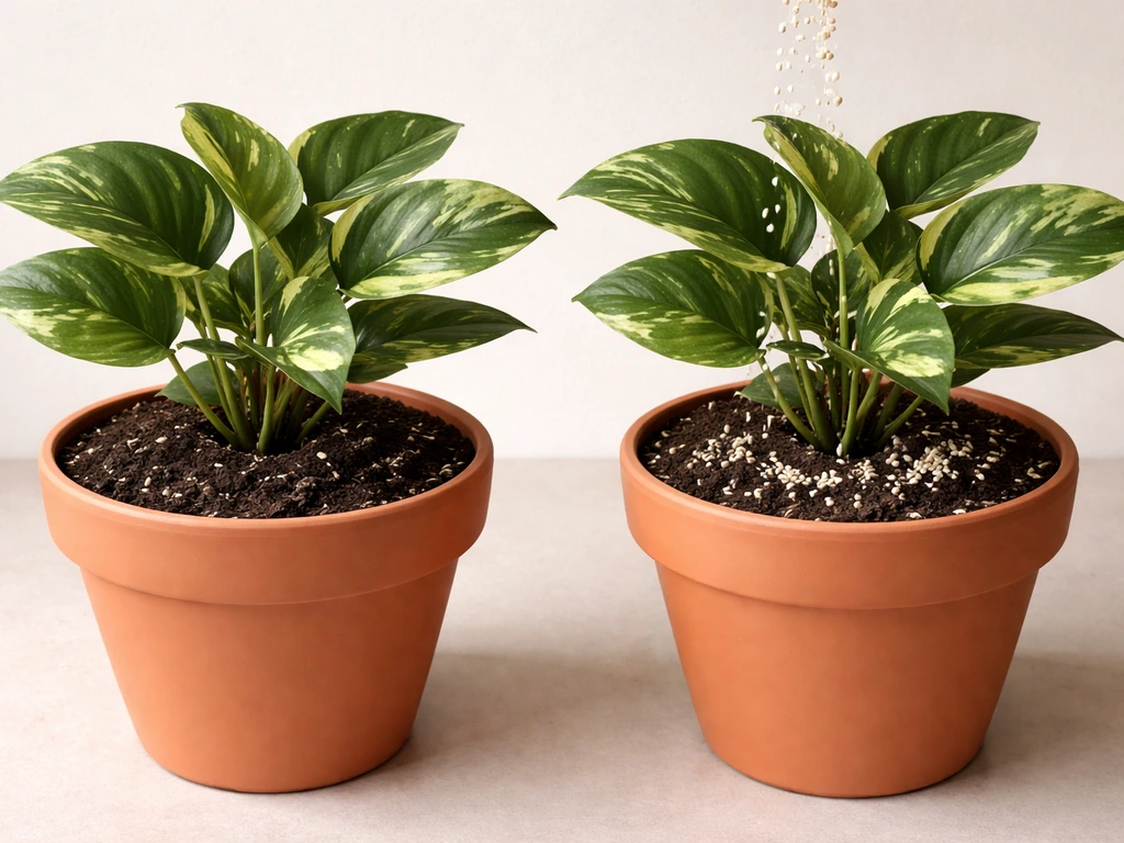 Two identical potted plants side-by-side; one with nutrient-rich soil, the other with fertilizer granules being sprinkle