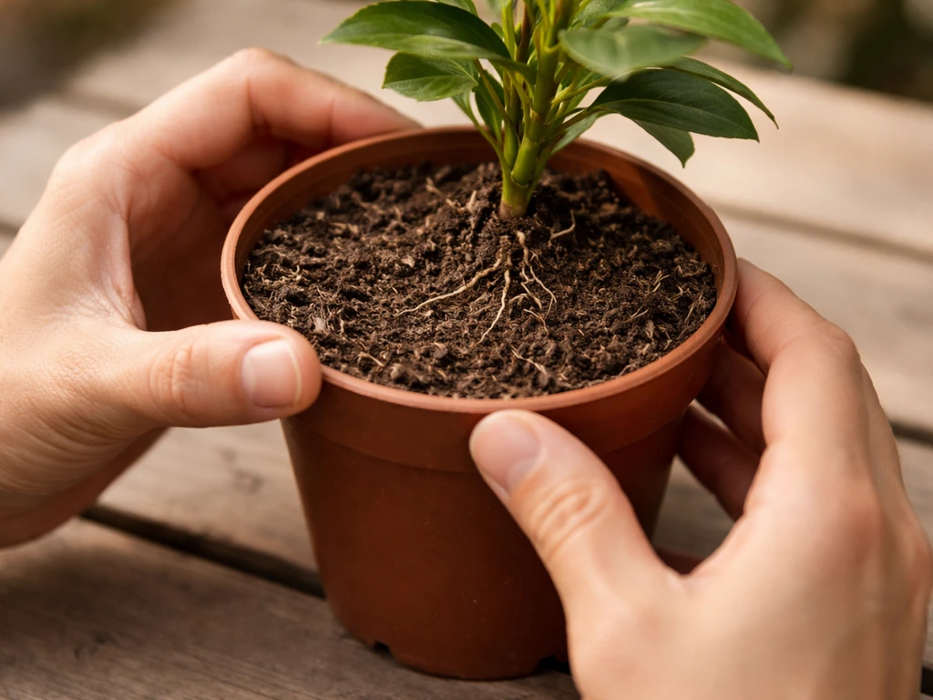 Gardener examining roots and potting mix in an open potted plant, showing compact soil and slow-drain context.
