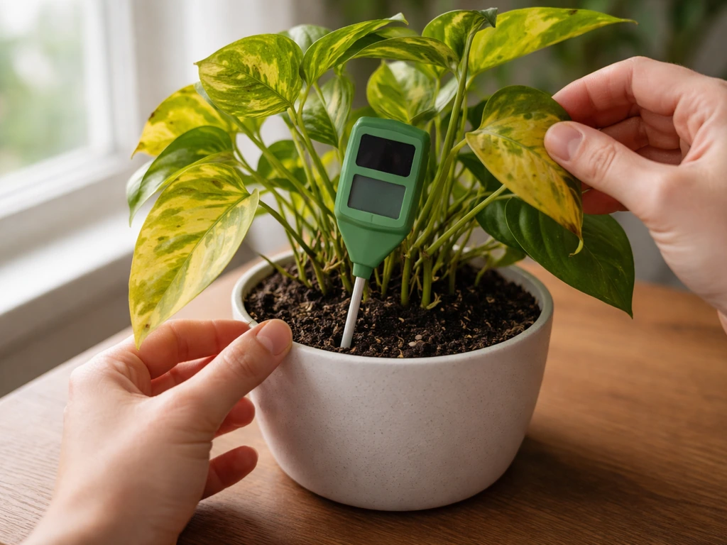 Hand checks soil moisture on a potted plant with yellowing leaves near a bright window.