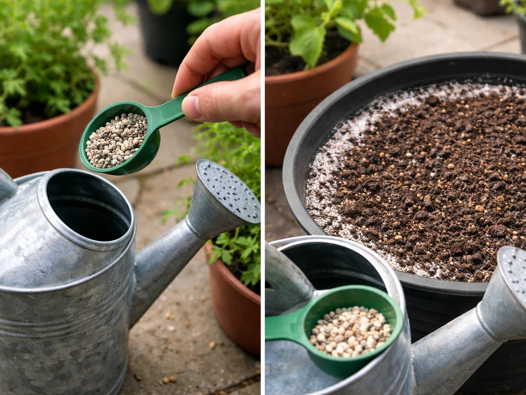 Hand measuring granular fertilizer into a watering can; container soil shows a light salt crust warning of overfeeding.