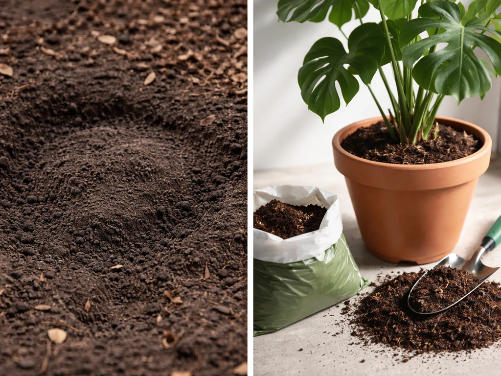 Left disturbed soil suggesting remains; right healthy potted plant with safe compost and fertilizer.
