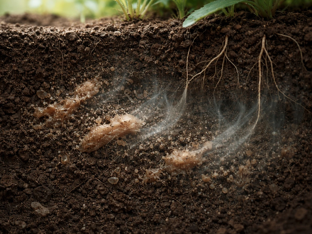 Cutaway view of layered soil where decomposing organic matter releases nutrients toward plant roots.