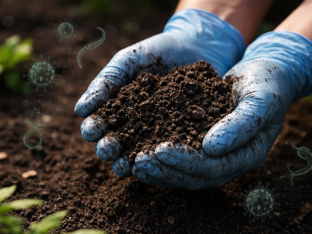 Gloved hands holding contaminated soil above a garden bed with faint bacteria and parasite shapes nearby