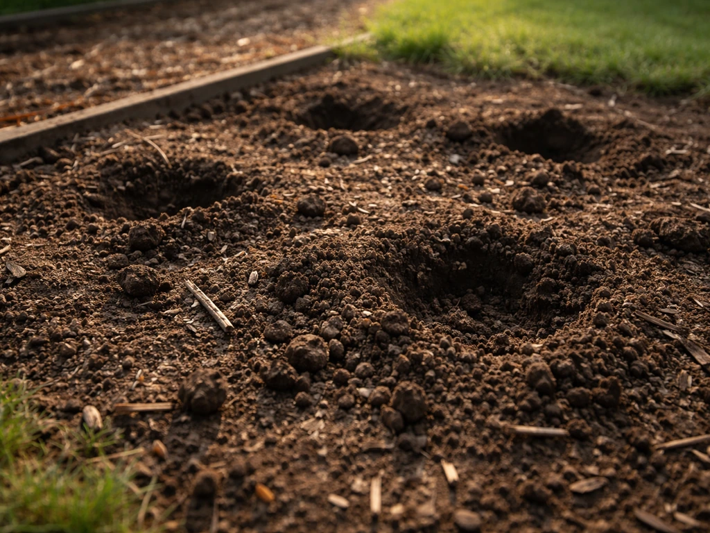 Disturbed garden bed with scattered soil and small holes, suggesting pests unearthing buried remains.