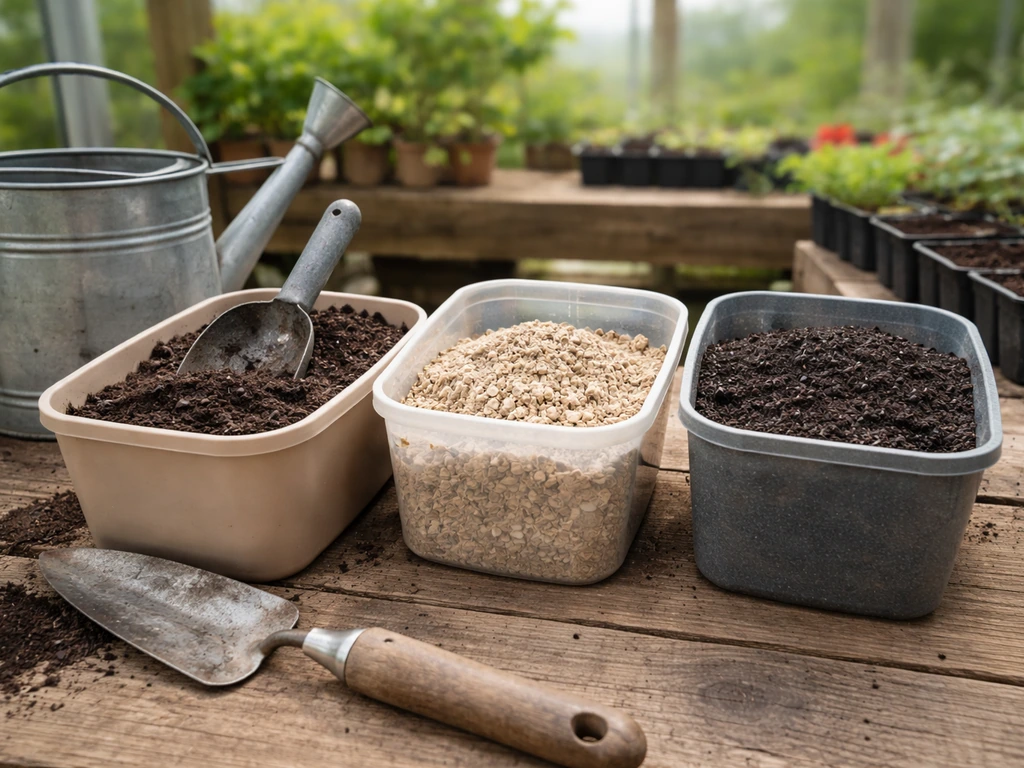 Three unlabeled containers of compost and organic bone/blood-meal-style nutrients on a garden bench.