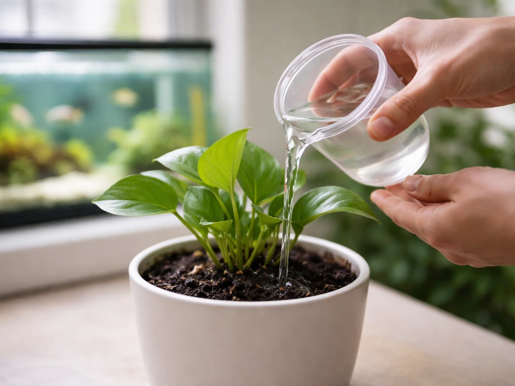 A person pours aquarium fish tank water into healthy potted plants, with a clean aquarium behind.