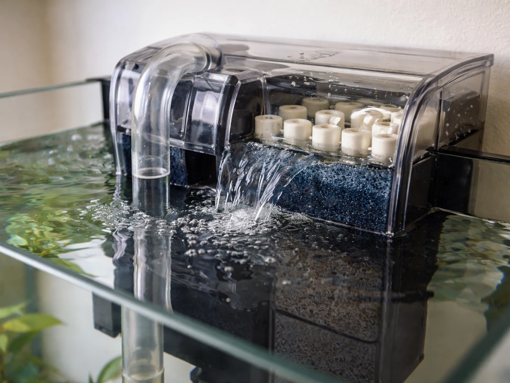 Close-up of aquarium filter bio-media with clear water flow and gentle bubbles.