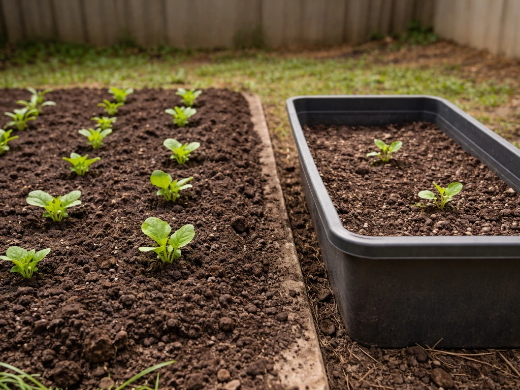 Seedlings in a loamy garden bed beside a simple container, suggesting healthier growth with biologically active soil.