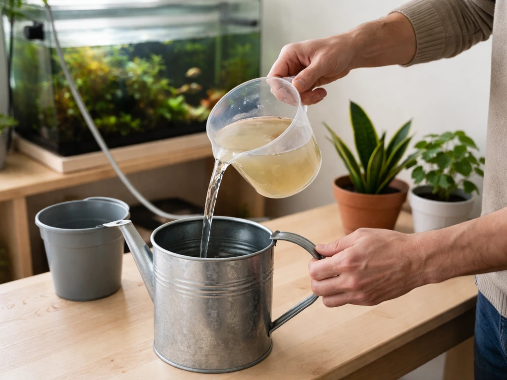 Person pouring measured fish tank water into a watering can to dilute before watering plants.