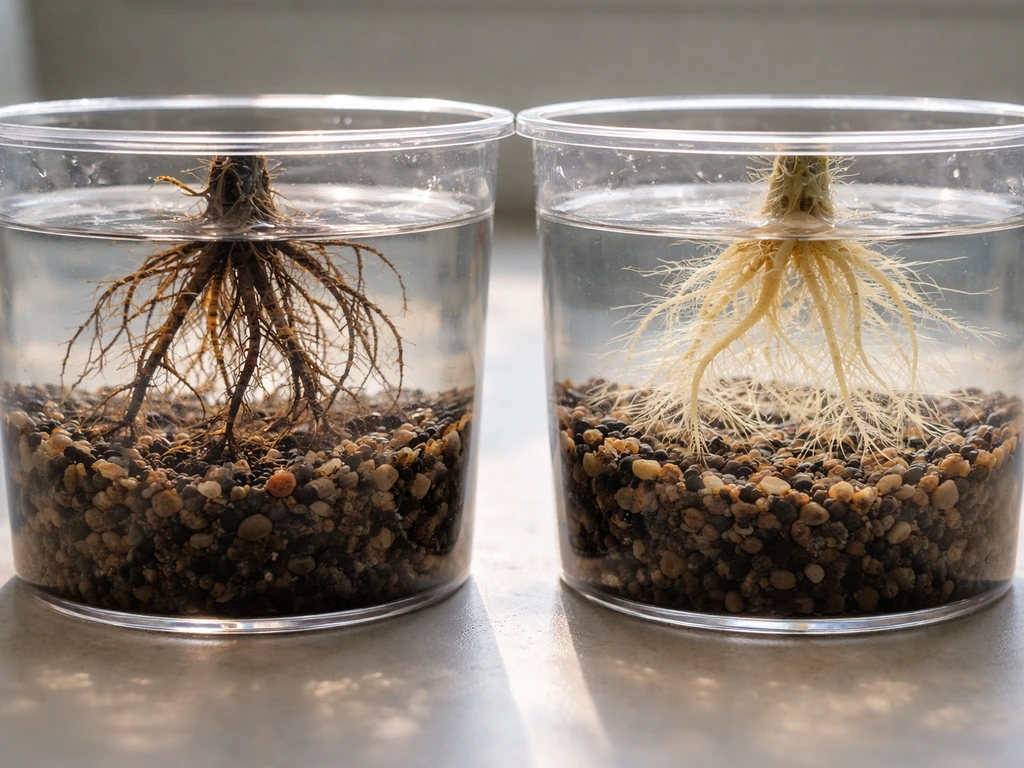 Two sets of plant roots in separate clear containers: healthy roots on one side, ammonia-burned roots on the other.