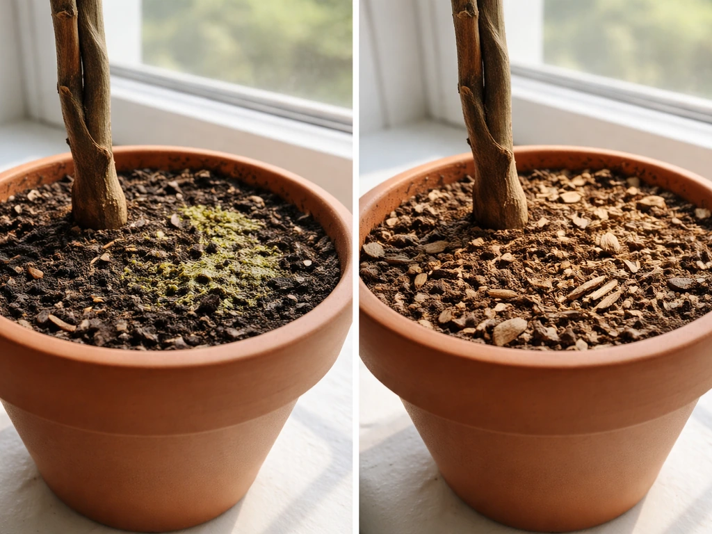 Close-up of potted plant soil: left shows slight green algae on moist surface, right looks covered to reduce risk.