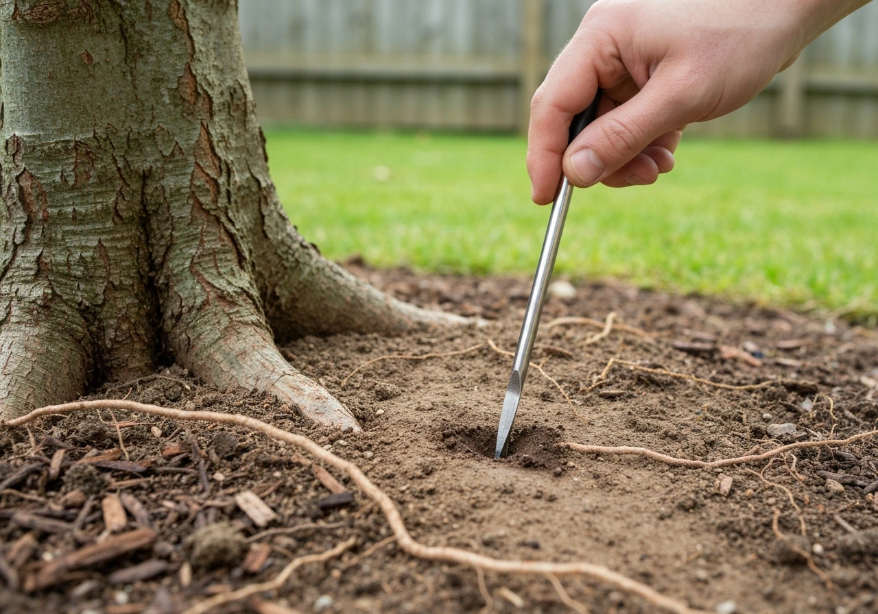 Hand pushing a soil probe into moist/dry garden soil near tree roots in a simple yard