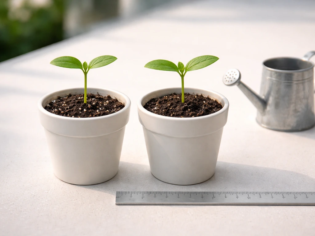 Two potted plants side by side, one with fertilizer treatment and a simple height ruler nearby