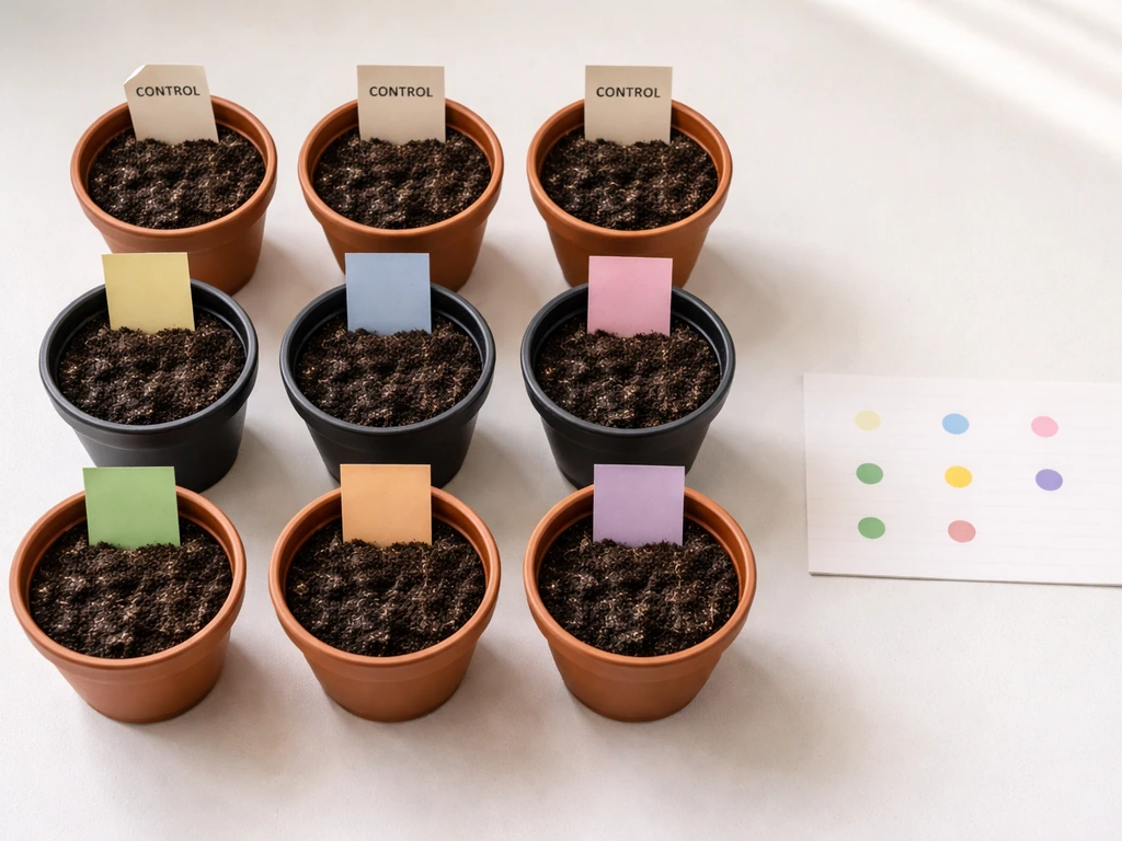 Overhead view of labeled fertilizer experiment pots with a simple card map on a table.