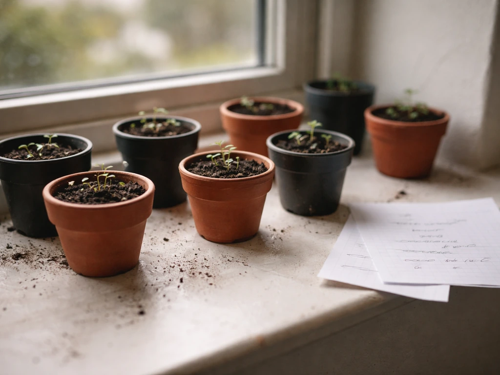 Seedling pots on a windowsill placed in random positions, with one pot rotated and a note sheet nearby.