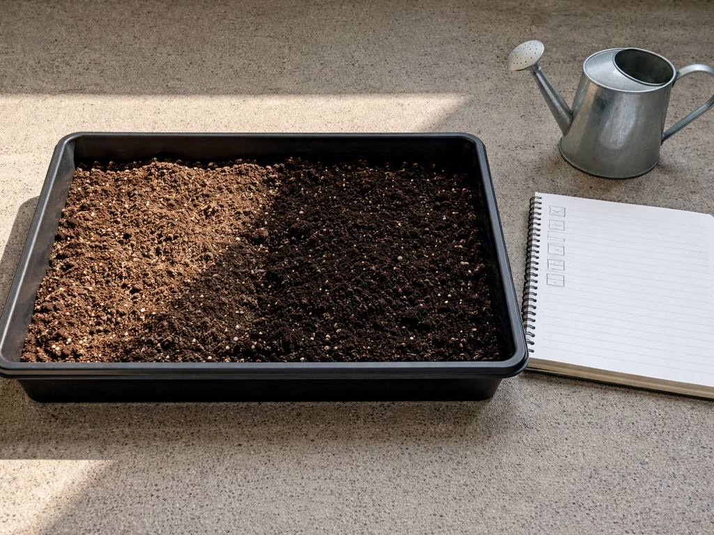 Garden soil in a small tray split between bright sun and shade, with a simple notebook and checklist.