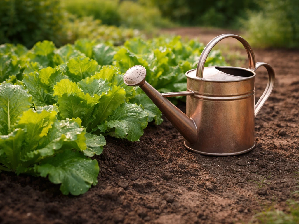 Garden watering can beside lush leafy plants in natural light, myth-versus-reality theme without urine.