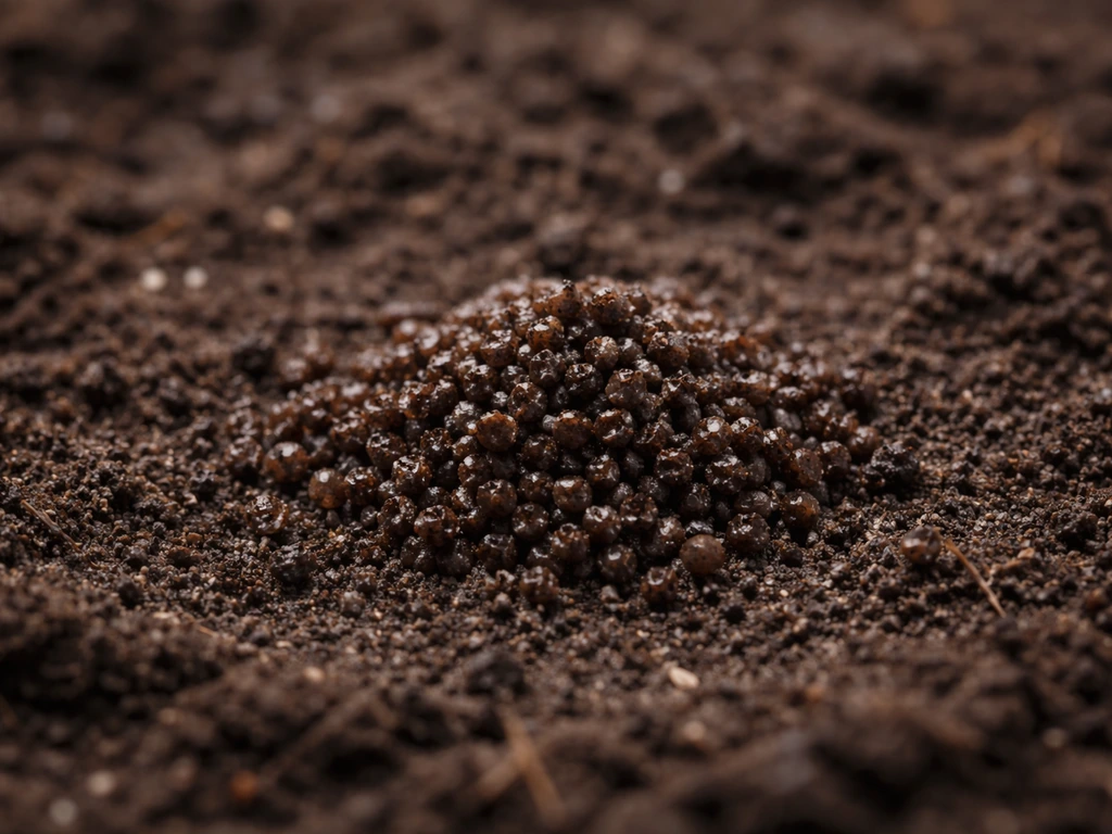 Close-up of dark garden soil with a small pile of granular fertilizer, suggesting nitrogen feeding plants