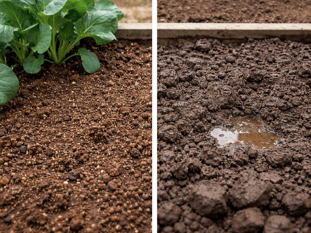 Side-by-side garden soil: crumbly well-draining soil with plants vs compacted clay with puddling.