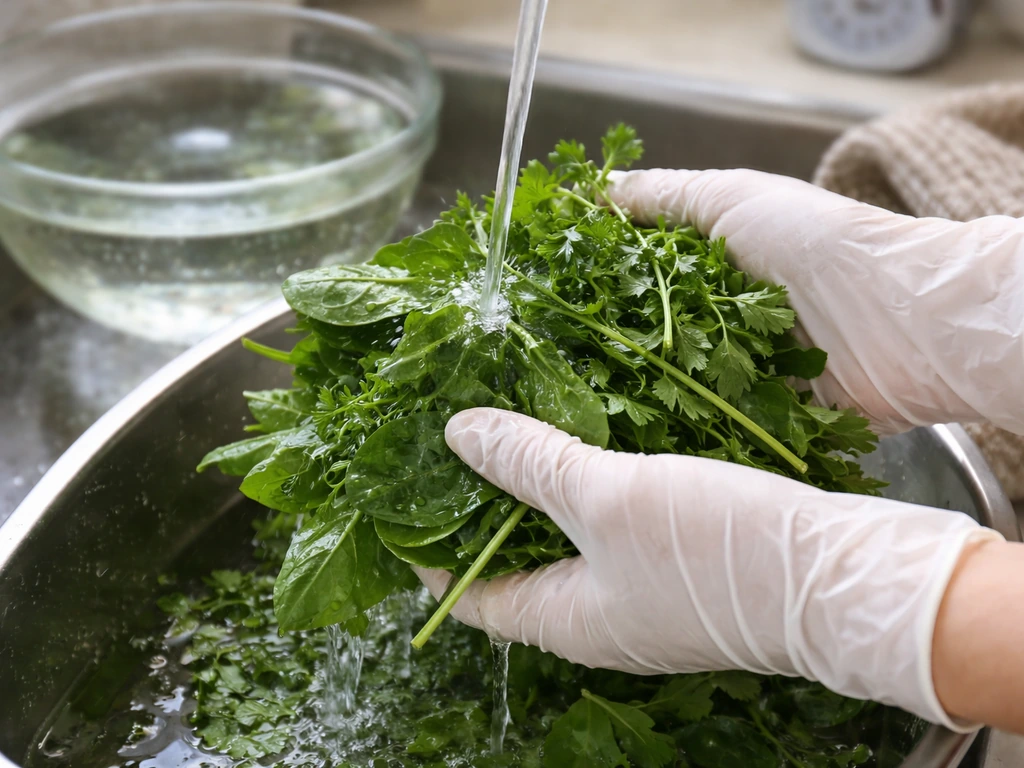 Gloved hands rinse leafy greens and herbs in a sink with clean water, with a blurred kitchen timer