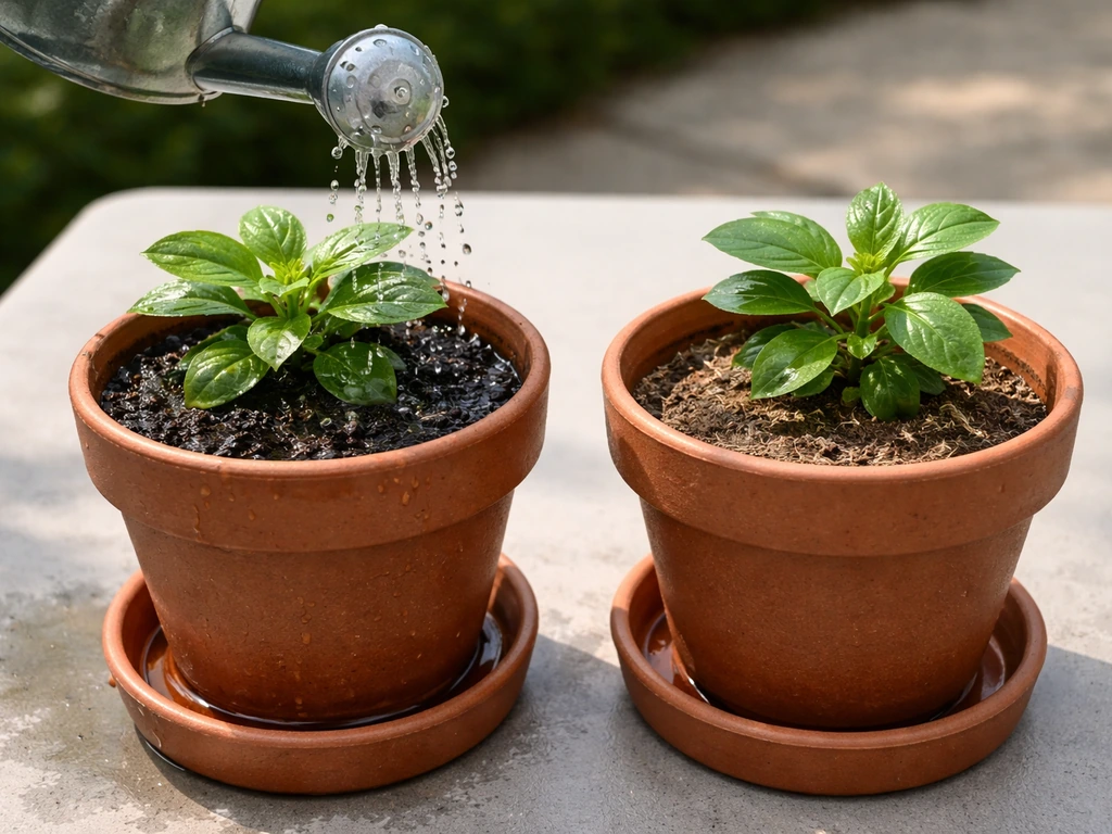 Two potted plants side-by-side showing deep vs shallow watering moisture differences, with a watering can pouring.