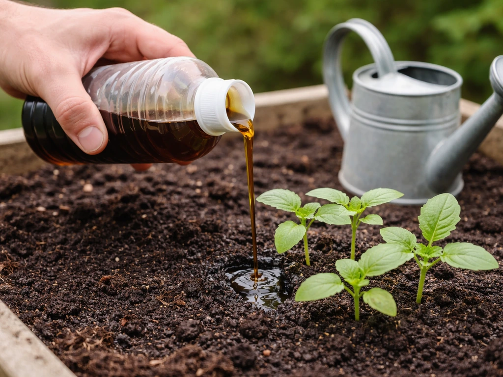 A hand pours dark amber seaweed extract from a bottle onto moist soil beside young seedlings.