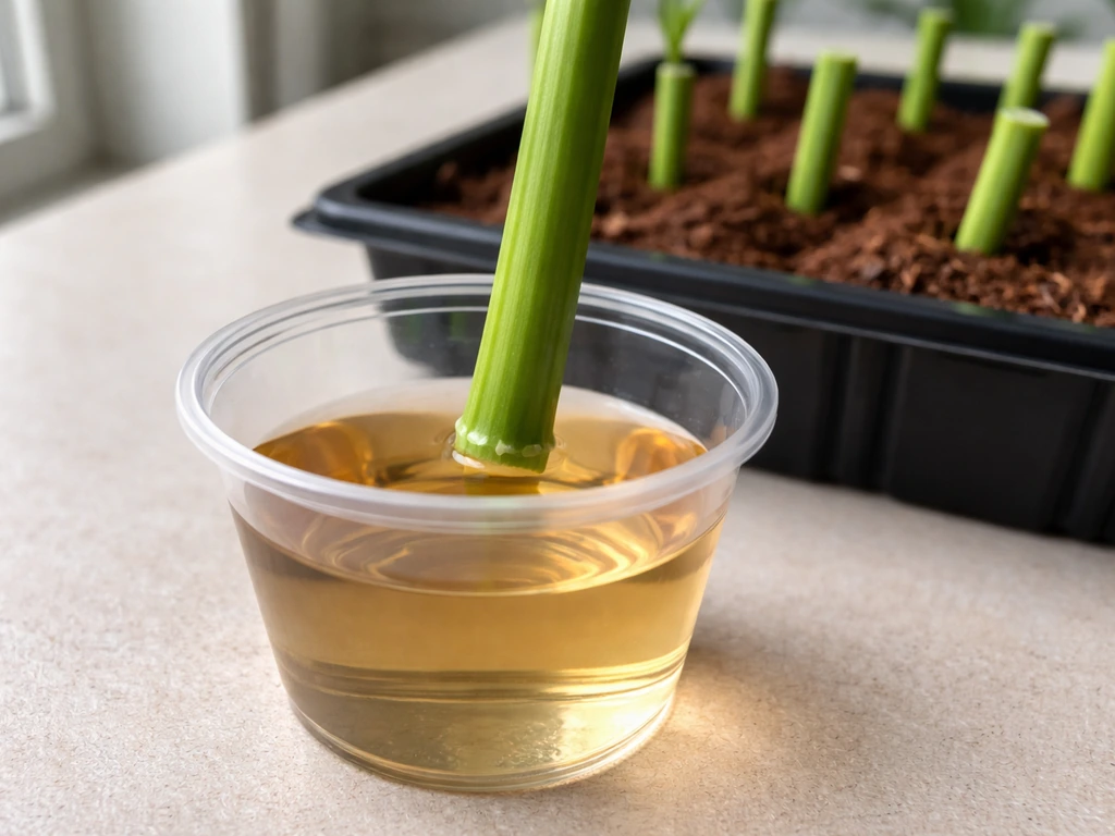 Close-up of a plant cutting dipped in pale amber auxin rooting liquid, with cuttings in propagation medium nearby.