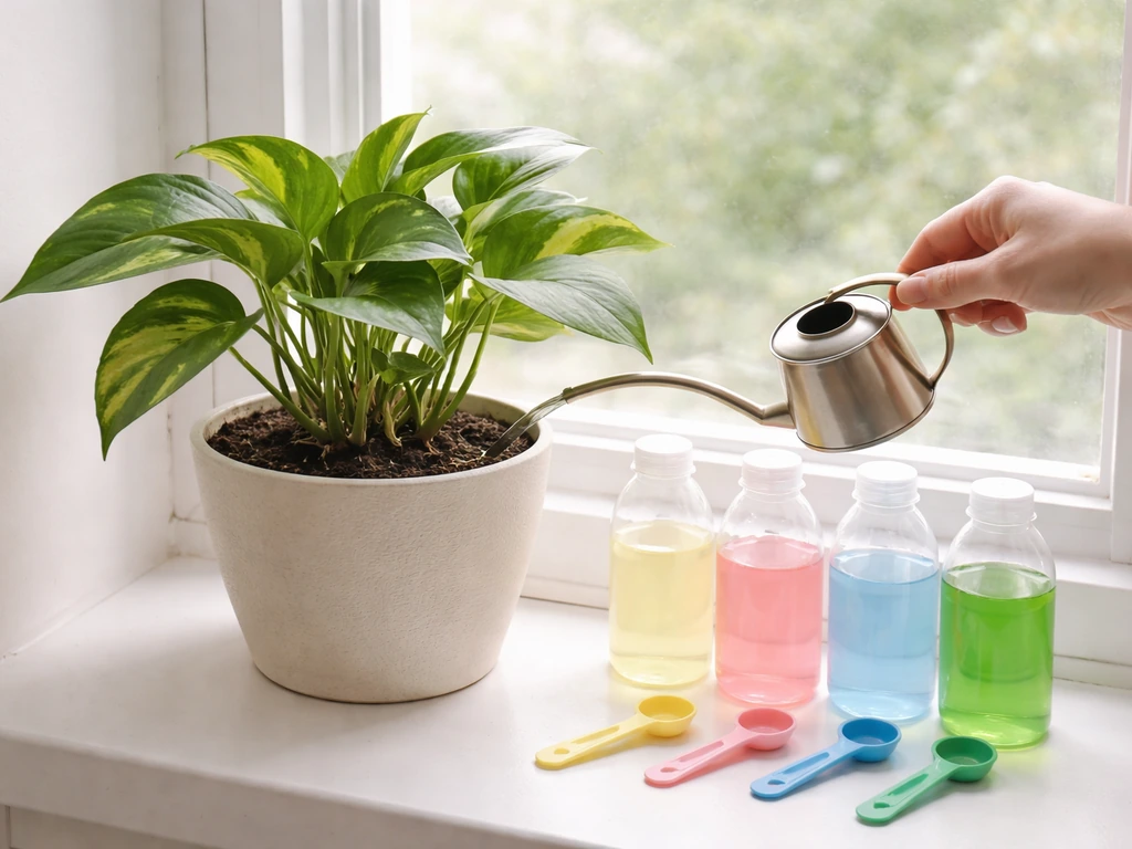 Hand placing a small watering can beside a simple row of unlabeled liquid containers near a potted plant