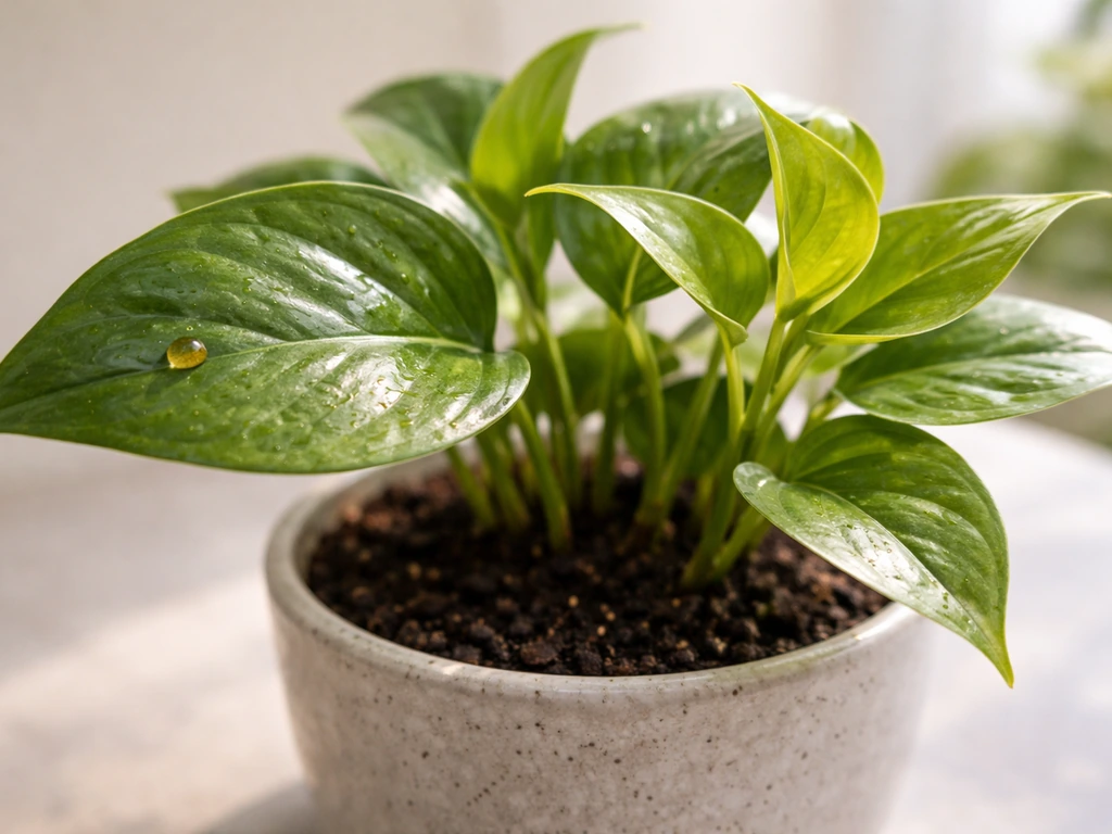 Close-up plant in a pot with a coffee-like droplet on one leaf and bright light for healthy growth