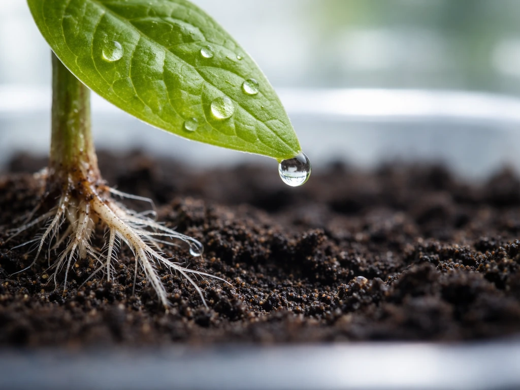 Close-up leaf and root tissue with tiny droplets, showing caffeine-related stress at the cellular level conceptually.