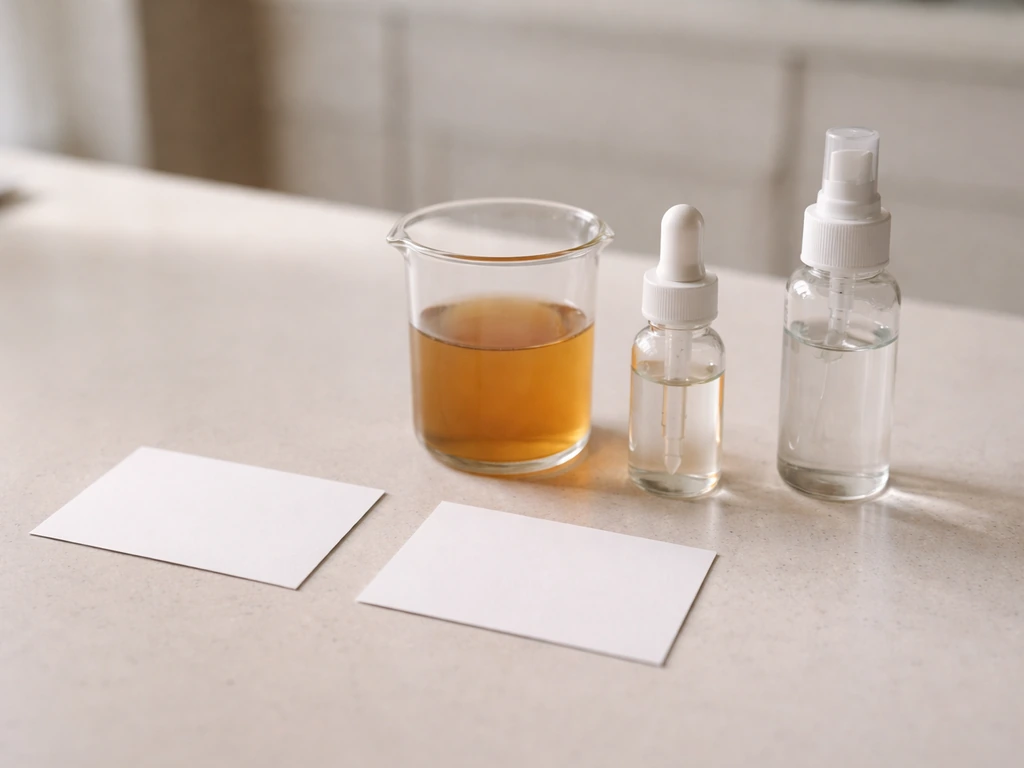 Minimal tabletop scene showing a diluted coffee solution, pipette/spray bottle, and blank cards for control vs treatment