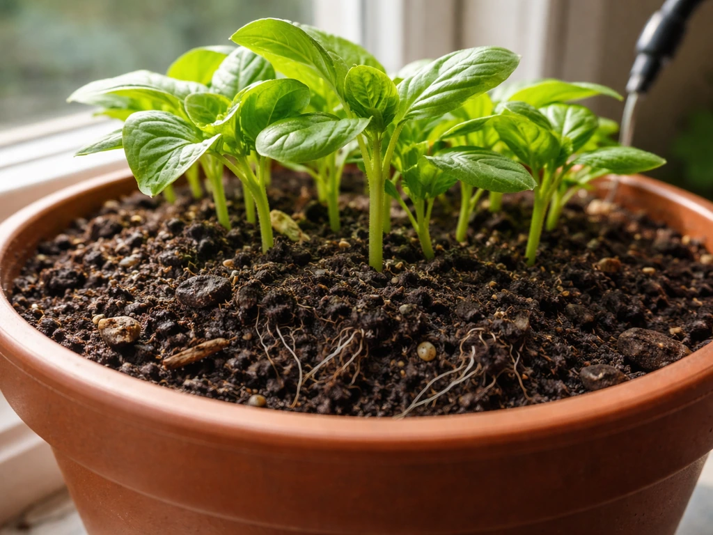 Sunlit potted seedlings in healthy, crumbly soil with visible moisture and life in the top layer.