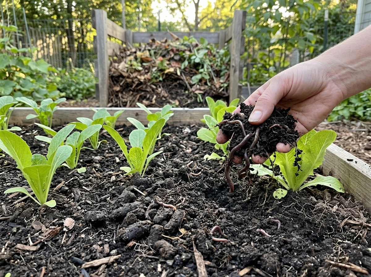 Earthworms turning compost into dark castings for thriving garden plants