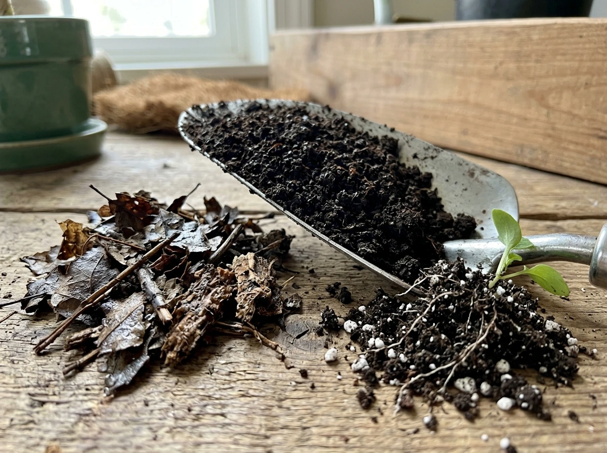 Worm castings close-up contrasted with leaf litter