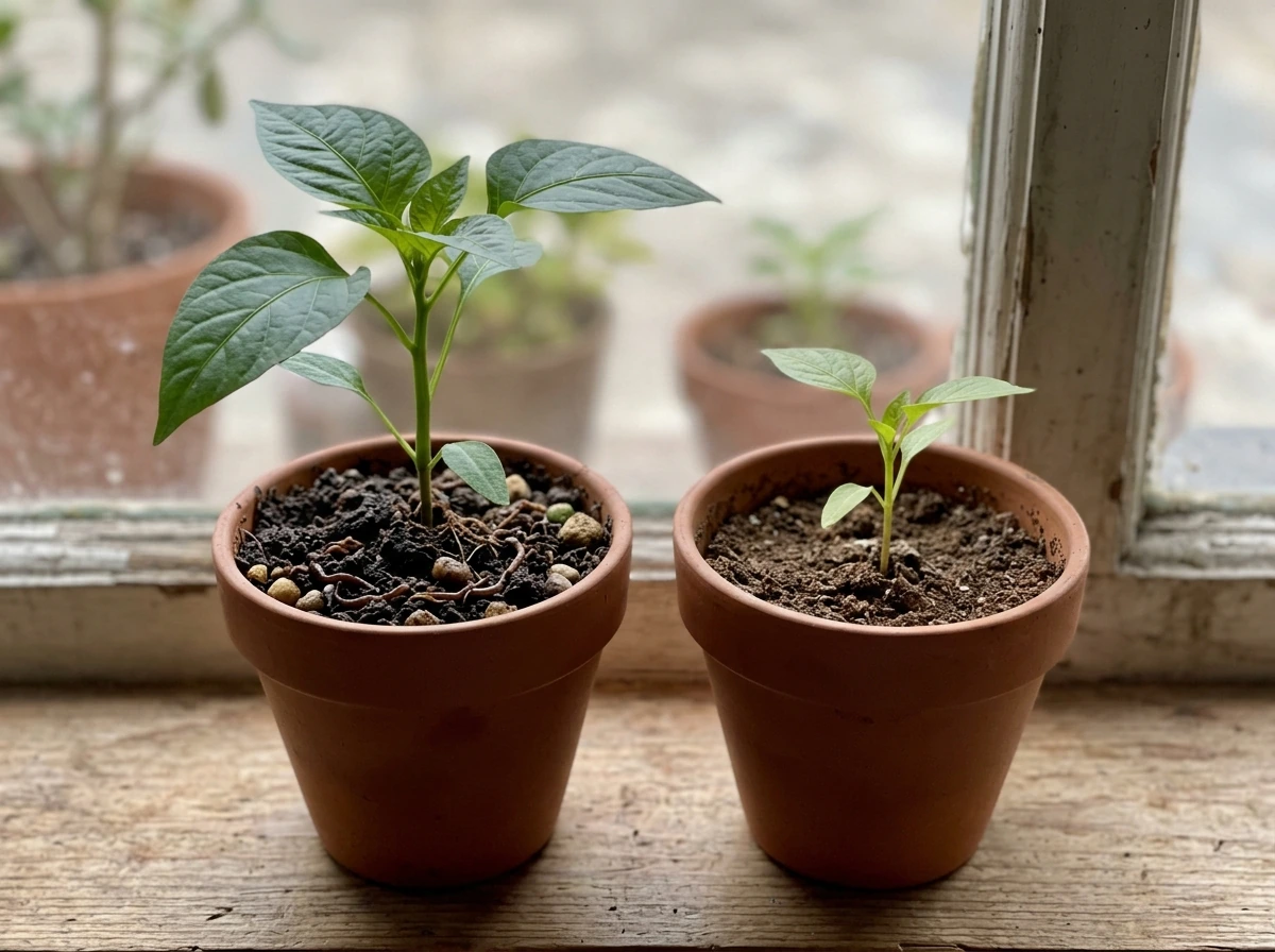 Side-by-side seedlings showing stronger growth with worm castings