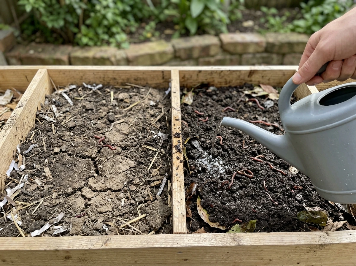 Dry, cracked worm bedding next to properly moistened bedding