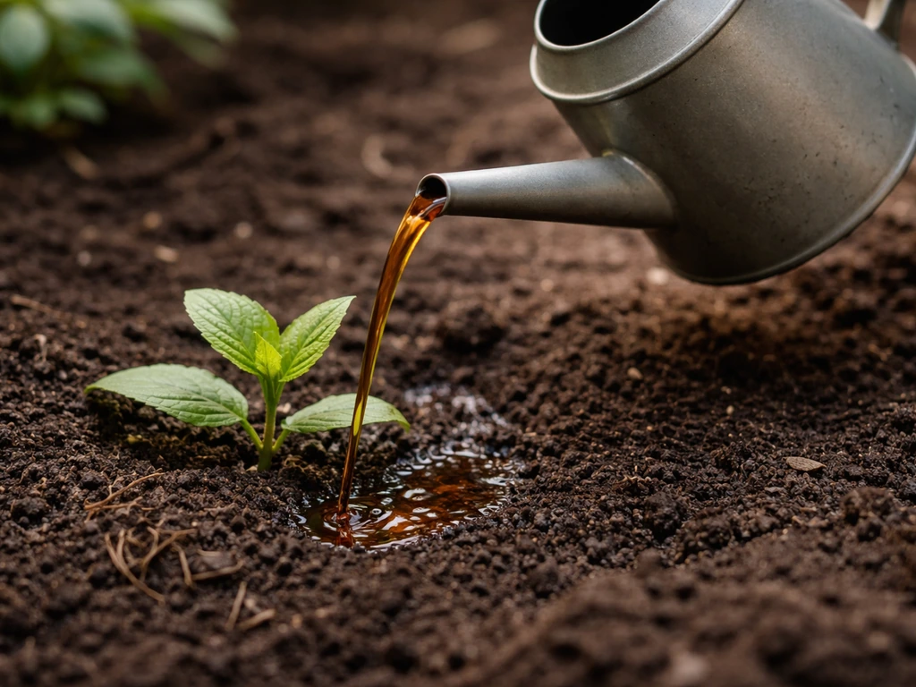Watering can pours dark tea into garden soil beside a small green plant.
