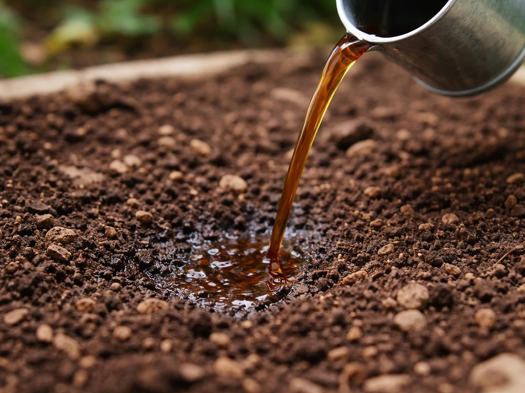 Amber-brown brewed tea stream pouring onto potting soil as it soaks in.