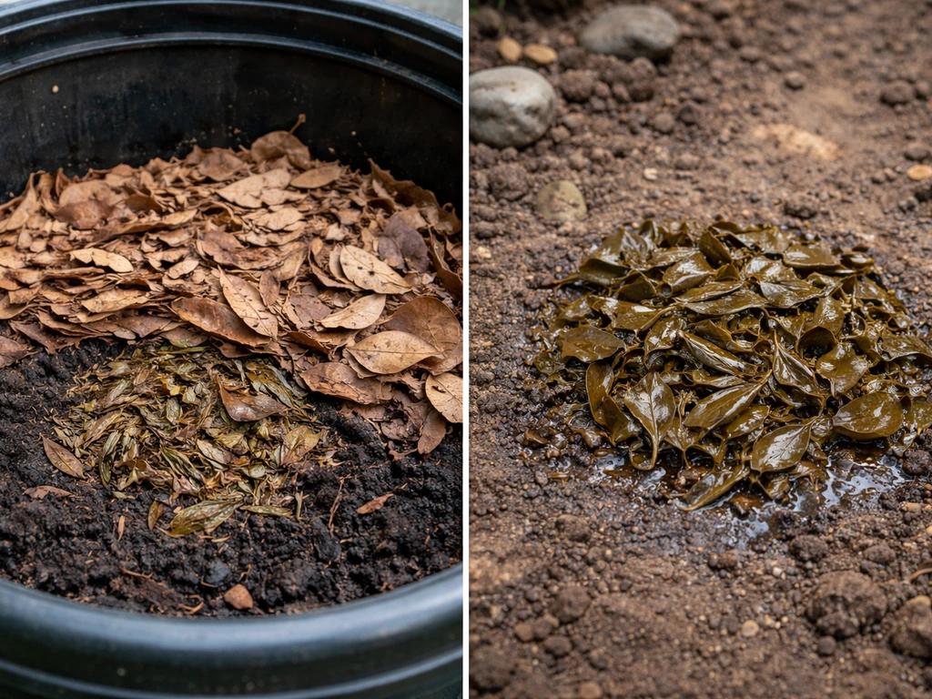 Two small garden containers showing used tea leaves composted under mulch vs wet leaves left on bare soil