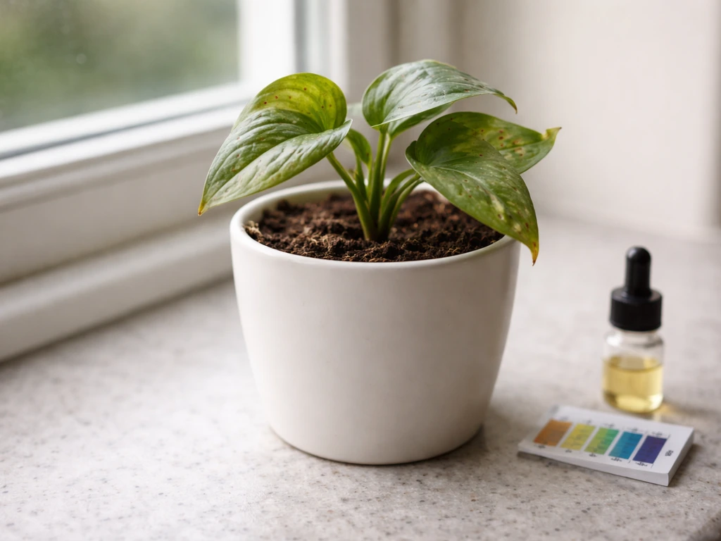Close-up of a stressed potted plant with leaf spotting beside an out-of-focus soil pH test strip.