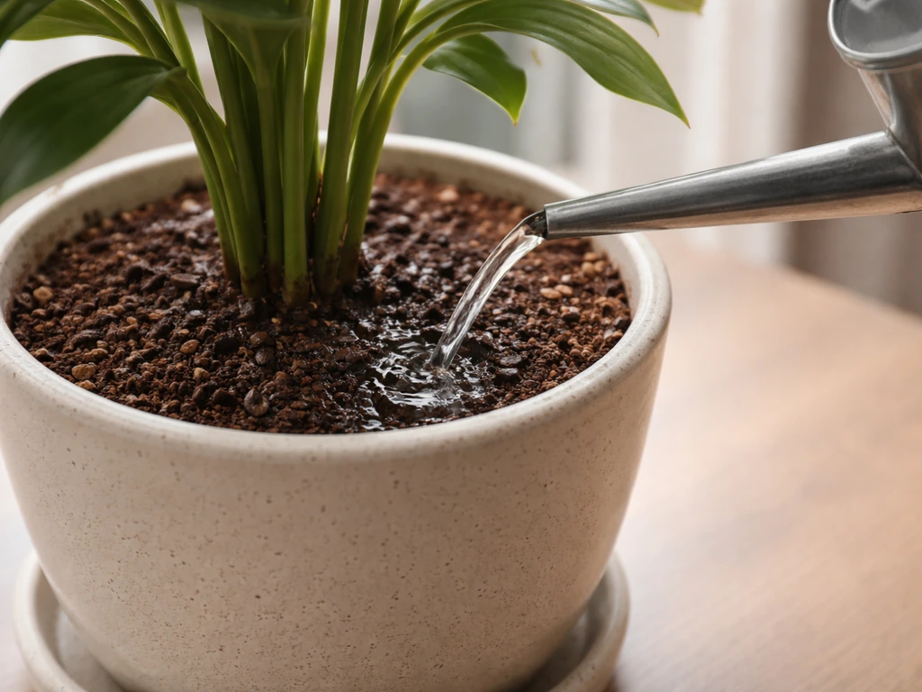 Watering a potted plant slowly at the soil level while keeping the leaves dry.
