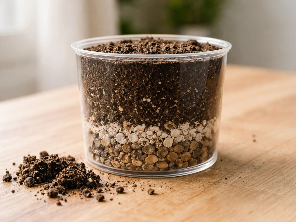 Close-up of potting mix texture with a small plant pot showing drainage layer and airy perlite.