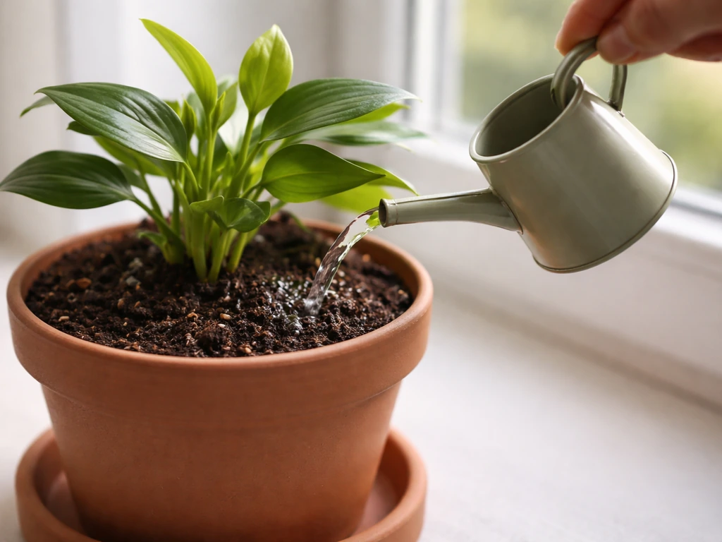 Hand applying diluted fertilizer to a houseplant’s soil in a small pot, close-up with new leaves.