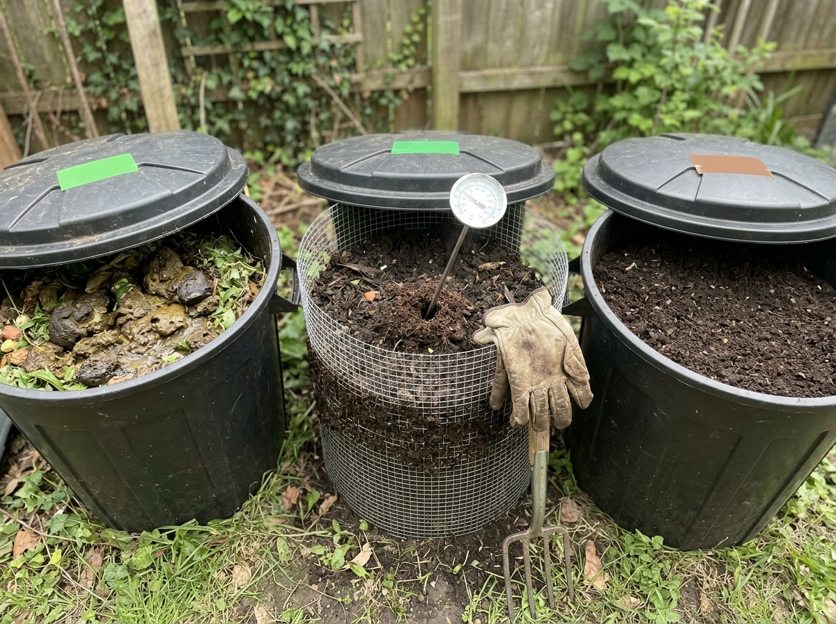 A farmer compares nutrient-rich organic inputs: finished compost, well-aged manure, and raw-looking waste in separate co