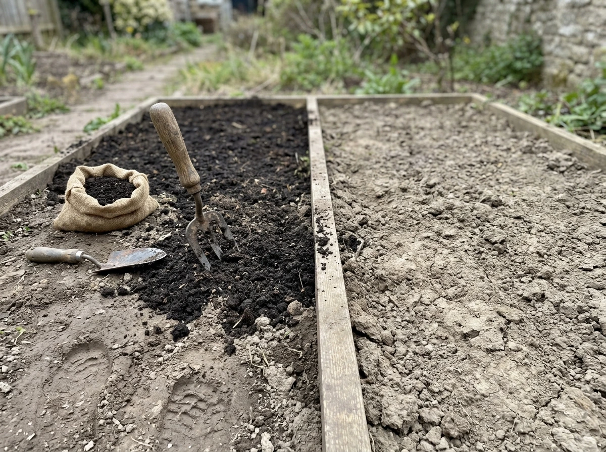 Side-by-side soil beds showing how well-composted manure is worked in versus left untouched.