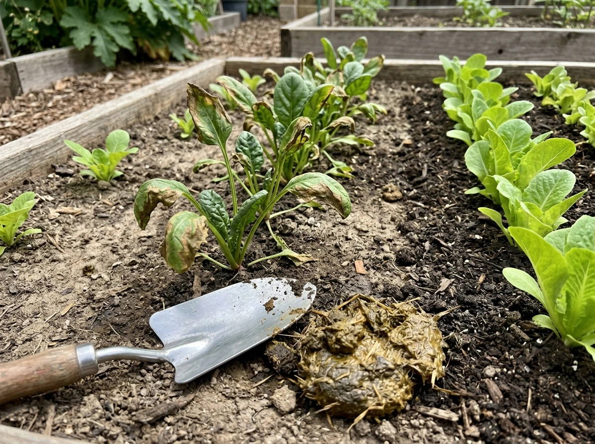 Fresh manure application causes plant burn: scorched leaves next to unaffected plants.