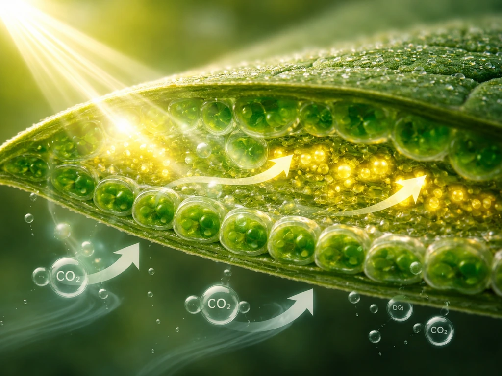Cross-section view of a green leaf with light hitting chloroplasts, CO2 entering, sugars made, oxygen released.